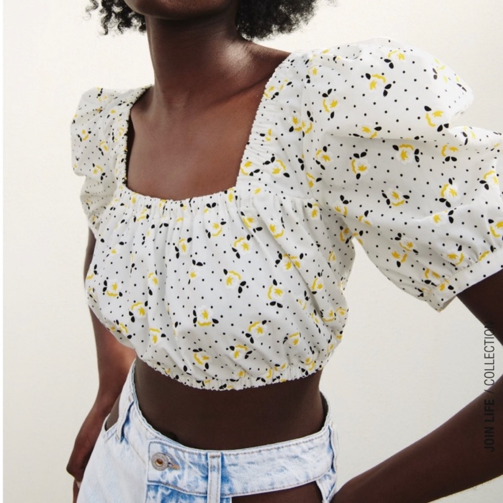 Zara Floral Print Balloon Sleeve Crop Top Criss Cross Back XS